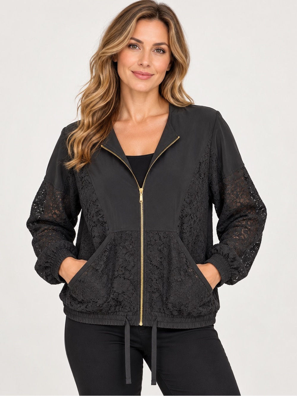 Kensie Black Lace Bomber Jacket with Gold Zip